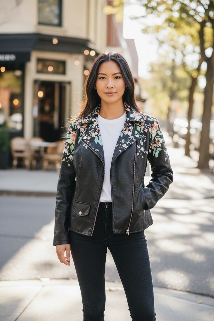 COLLEEN LOPEZ Women's M Floral Embroidered Black Faux Leather Zipped Jacket 1X